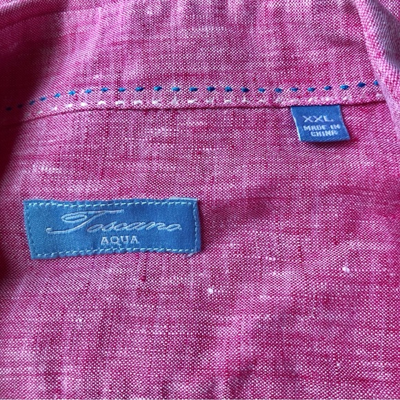 Toscano Aqua Mens XXL Red White 100% Linen Short Sleeve Button Down Shirt - Picture 6 of 7